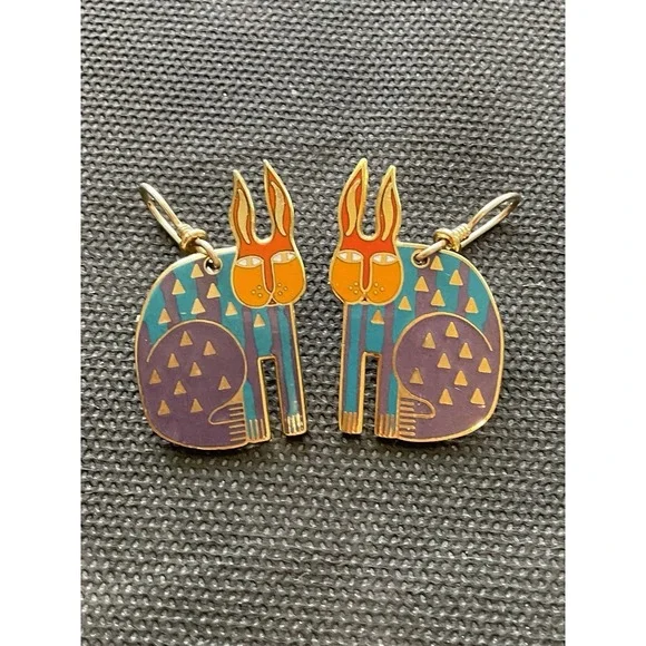 vintage Laurel Burch "Rabbit for Ross" dangle Enamel Earrings Estate Costume - Picture 5 of 5
